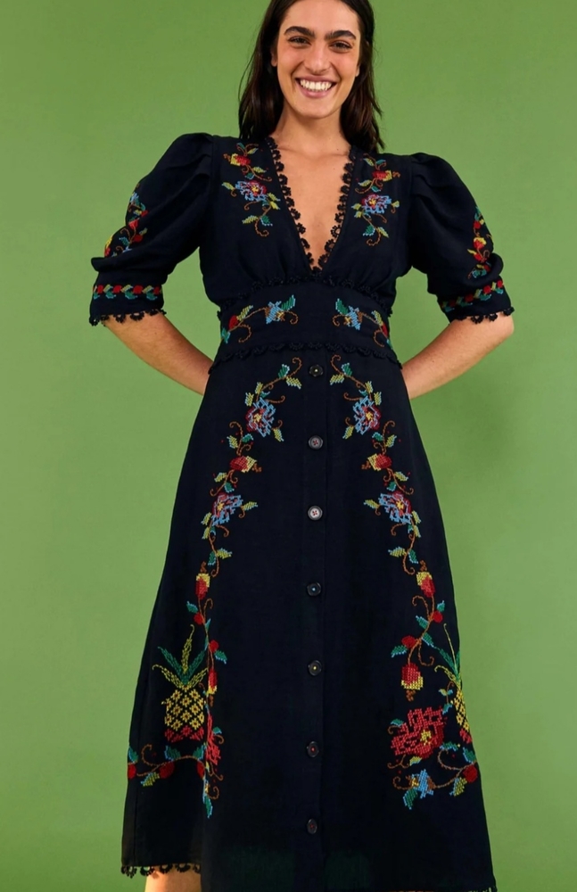 Farm Rio Black Cross Stitch V Neck Dress